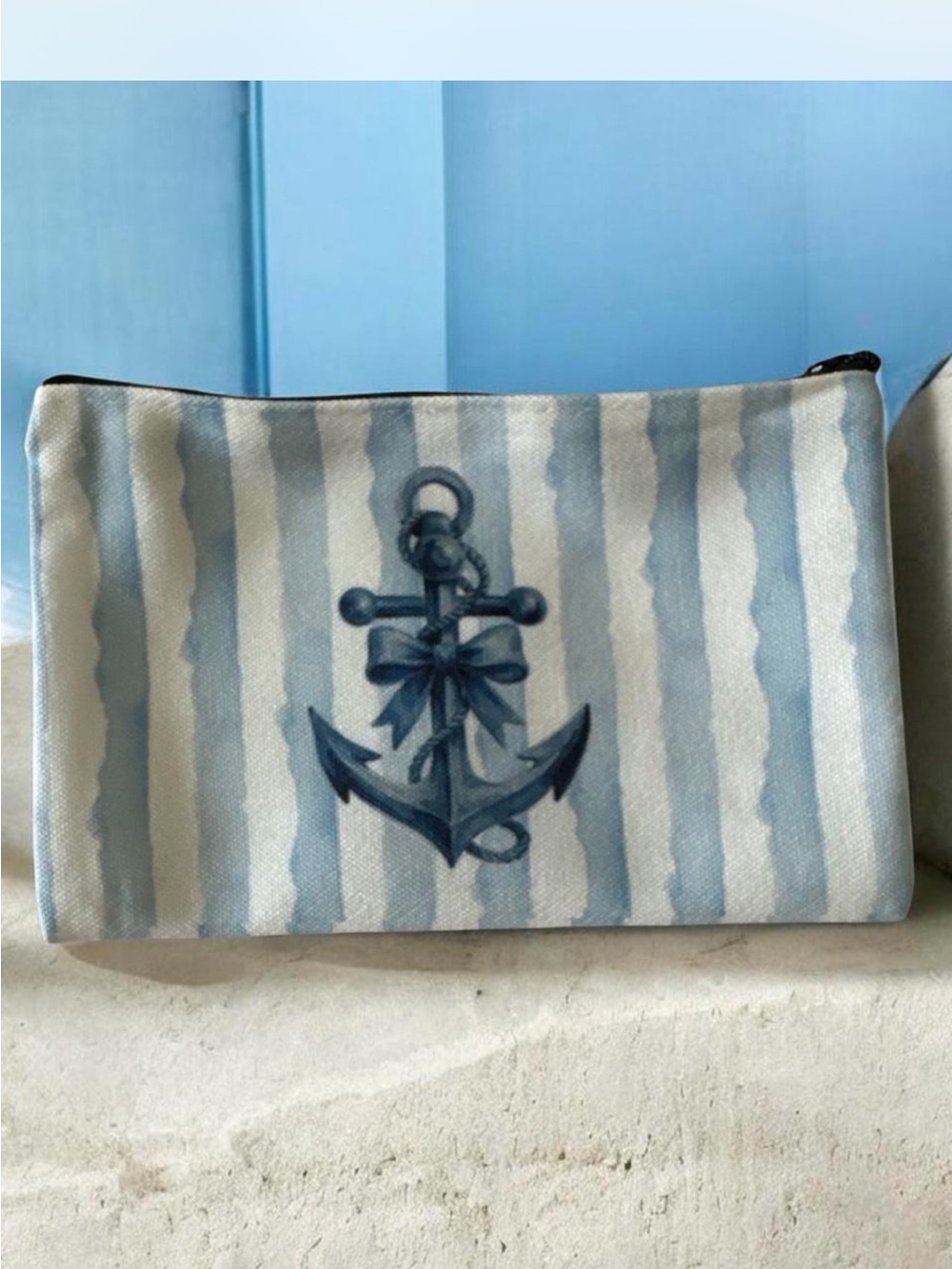 Nautical Anchor Striped Canvas Pouch - Blue and Cream